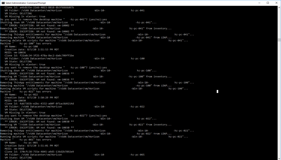 Removing Invalid Instant Clones / Horizon Pool Virtual Bytes